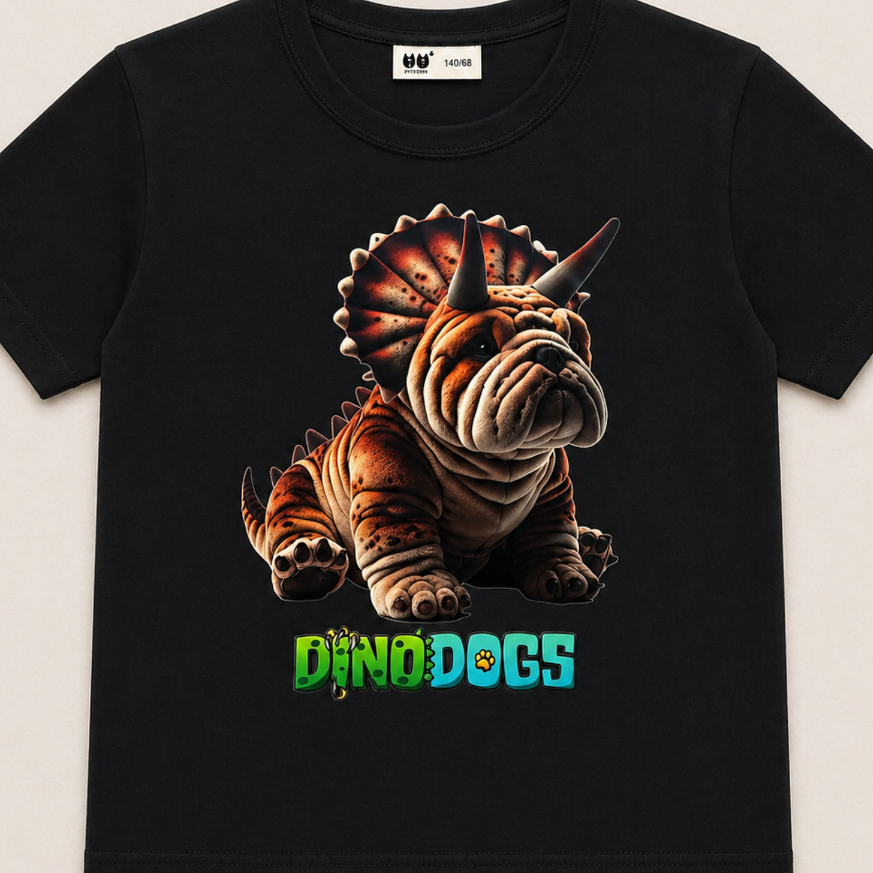 Axel the DinoDog is on a black t-shirt above the blue and green "DinoDogs" logo