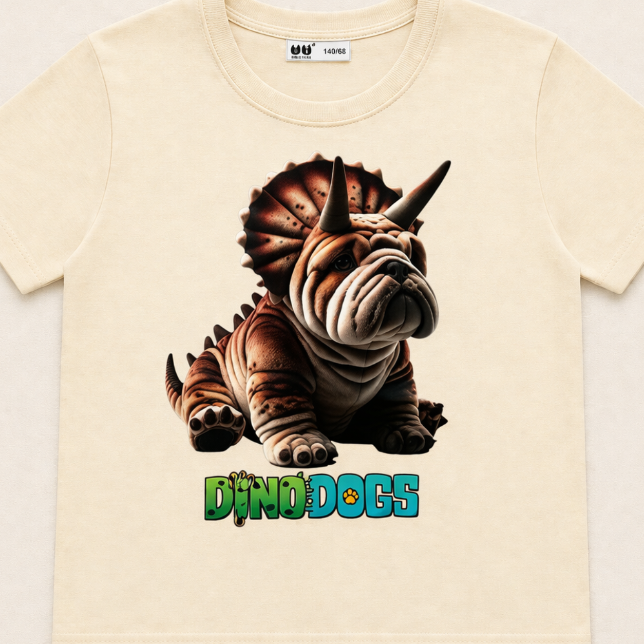 The triceratops bulldog DinoDog, Axel, has horns and is brown. He sits on a beige t-shirt above the "DinoDogs" logo