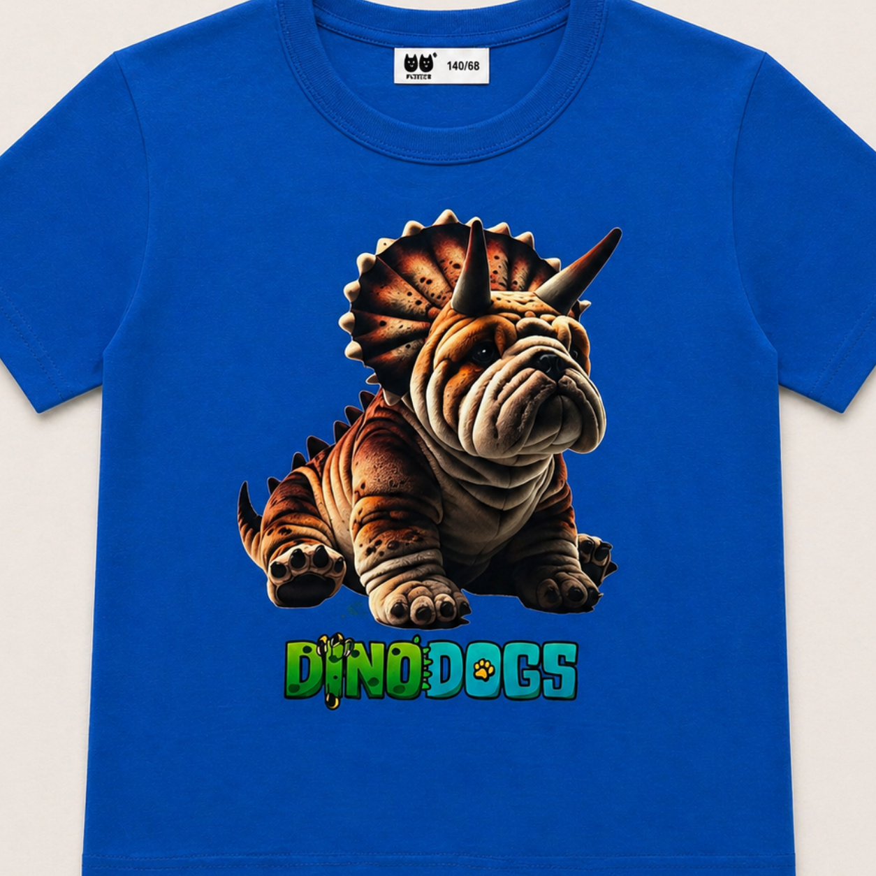 Axel the triceratops and bulldog mix is on a blue -shirt above the "DinoDogs" logo. He has a spiky frill and horns. 