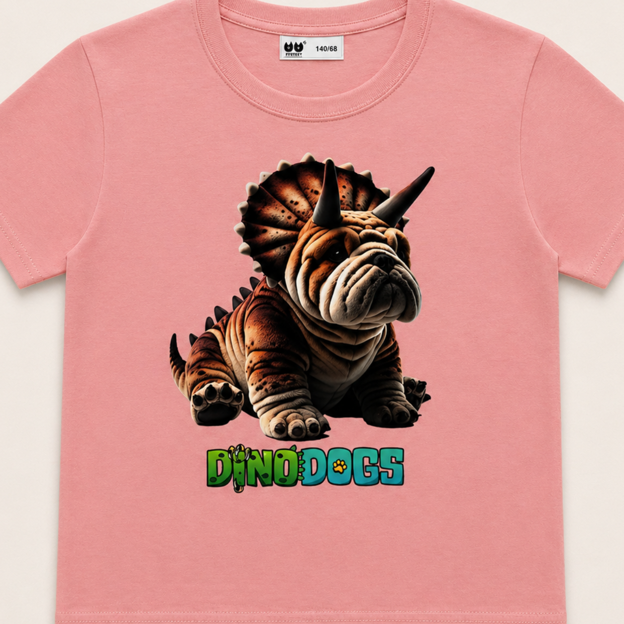 Axel the DinoDog looks at you with a cute wrinkly face on a pink t-shirt. He is above the "DinoDogs" logo