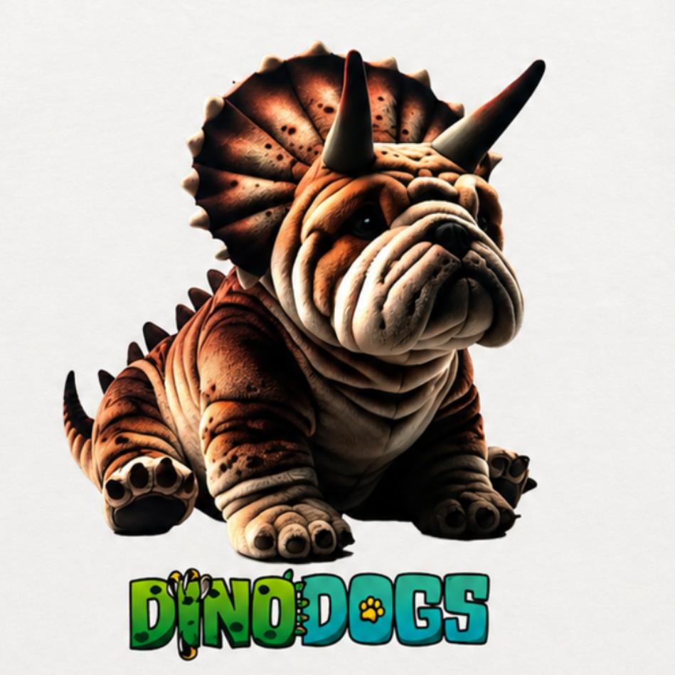 Axel the DinoDog looks like a bulldog triceratops hybrid as he sits on a white t-shirt above the "DinoDogs" logo