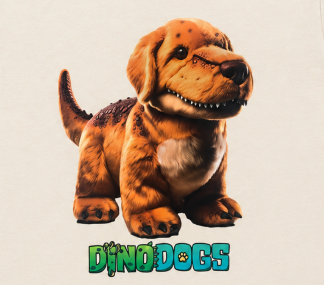 Breaker the DinoDog, a mix between a T-Rex and Golden Retriever, is golden with sharp teeth standing above the green "DinoDogs" logo. 