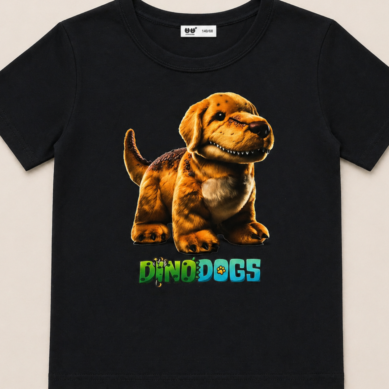 Breaker the golden DinoDog is on a black t-shirt above the blue and green "DinoDogs" logo. 