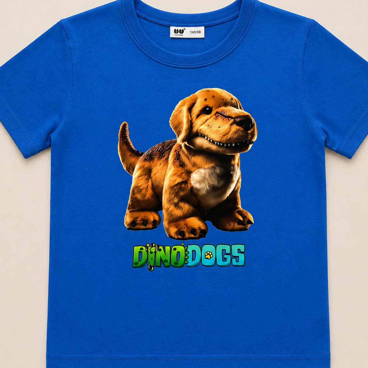 The Golden Retriever and T-Rex DinoDog, Breaker, is on a blue t-shirt above the "DinoDogs" logo