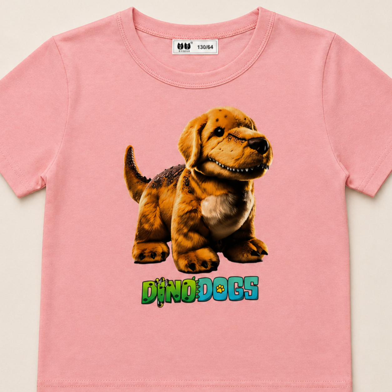 Breaker is golden with brown scales on his back, and he is on a pink t-shirt above the green and blue "DinoDogs" logo