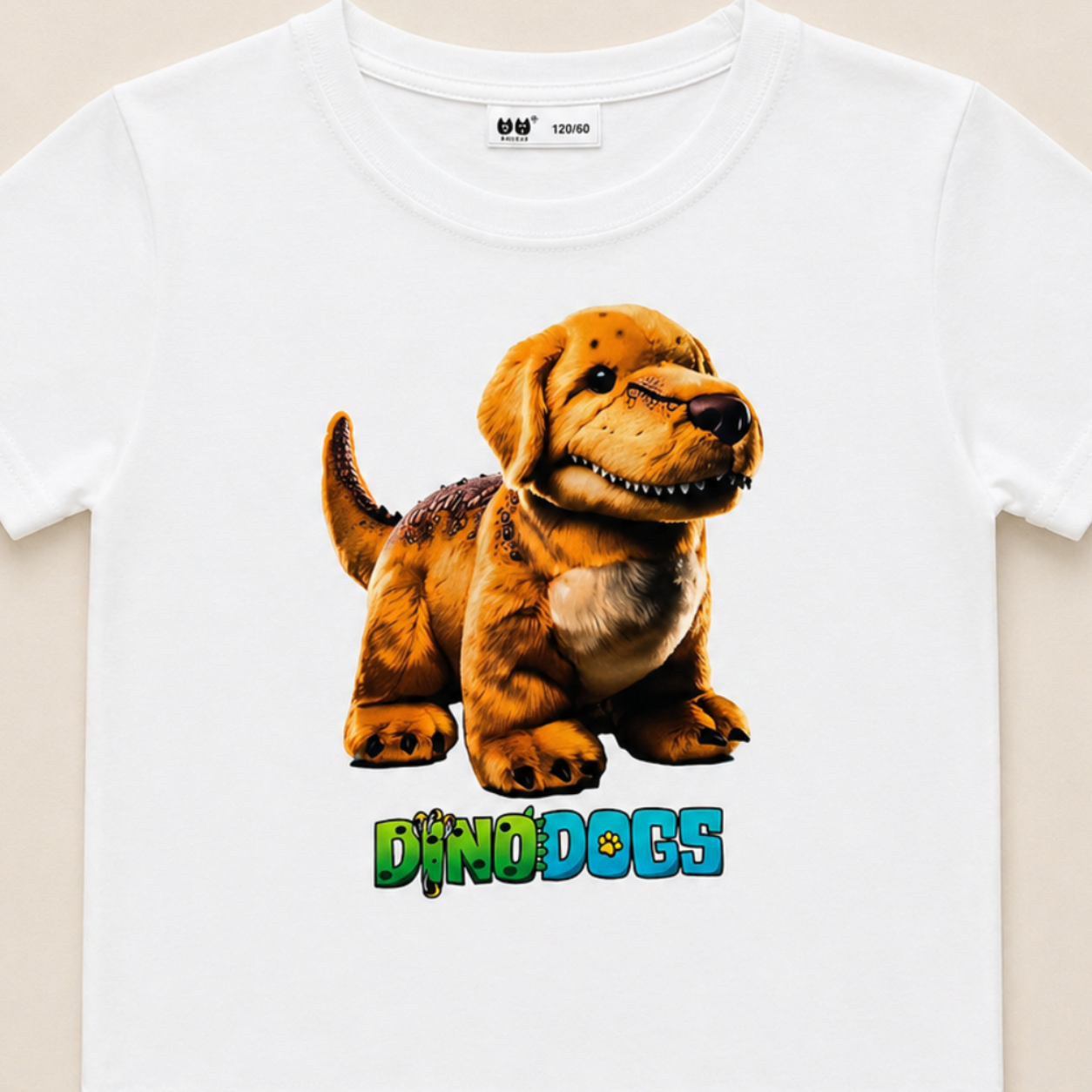 Breaker the DinoDog is on a white t-shirt above the "DinoDogs" logo
