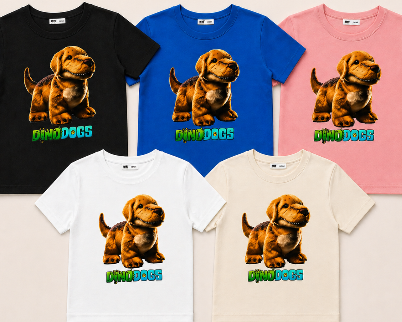 Breaker the DinoDog s shown on 5 different color T-shirts - blue, black, white, beige, and pink. 