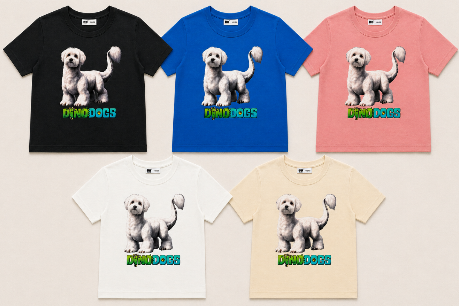 Harley the DinoDog appears on 5 different color t-shirts n a white background. 