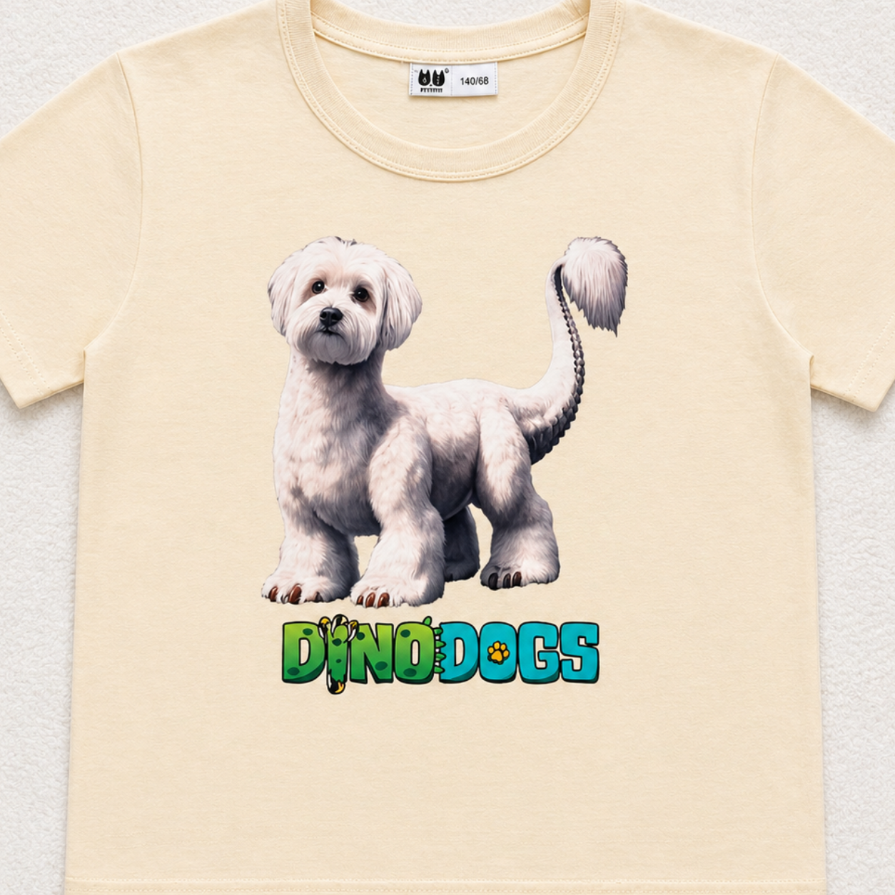 Harley, the Maltese Brontosaurus DinoDog, looks at the camera while she stands above the "DinoDogs" logo on a beige t-shirt. 