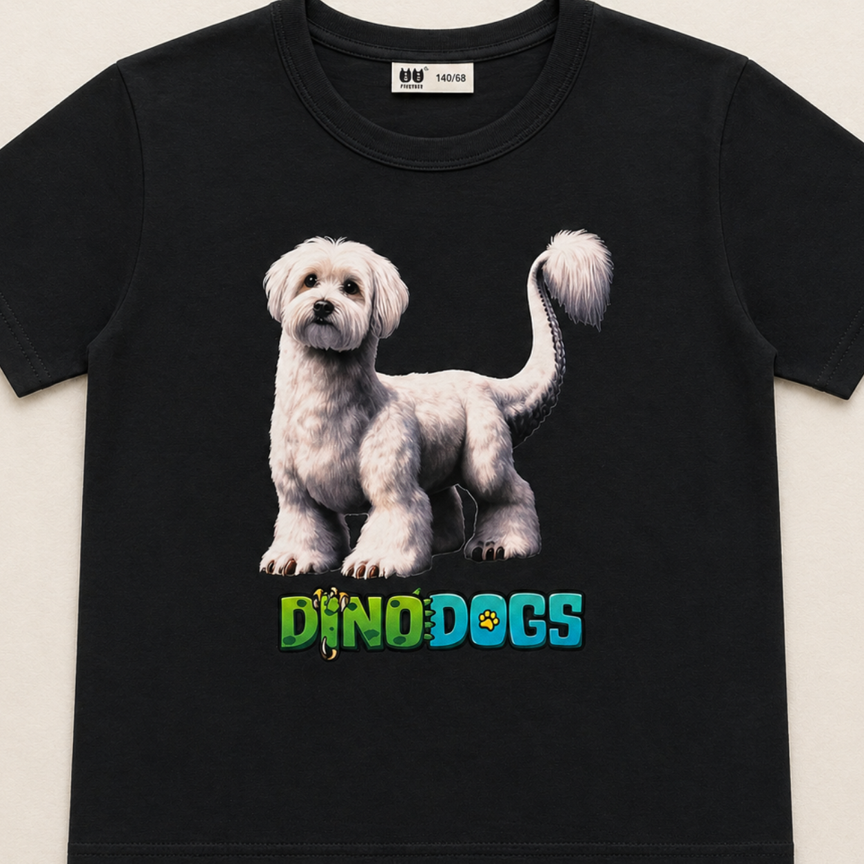 Harley the DinoDog, a Maltese and Brontosaurus mix, is on a black t-shirt above the "DinoDogs" logo. 