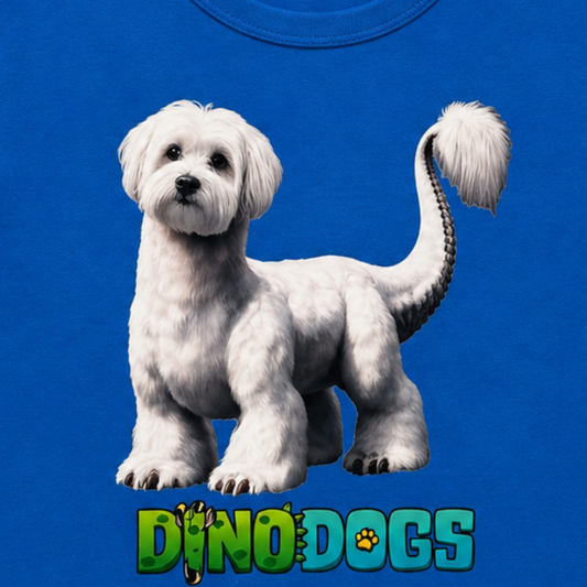 Harley, the Maltese Brontosaurus hybrid DinoDogs stands calmly on this blue t-shirt.