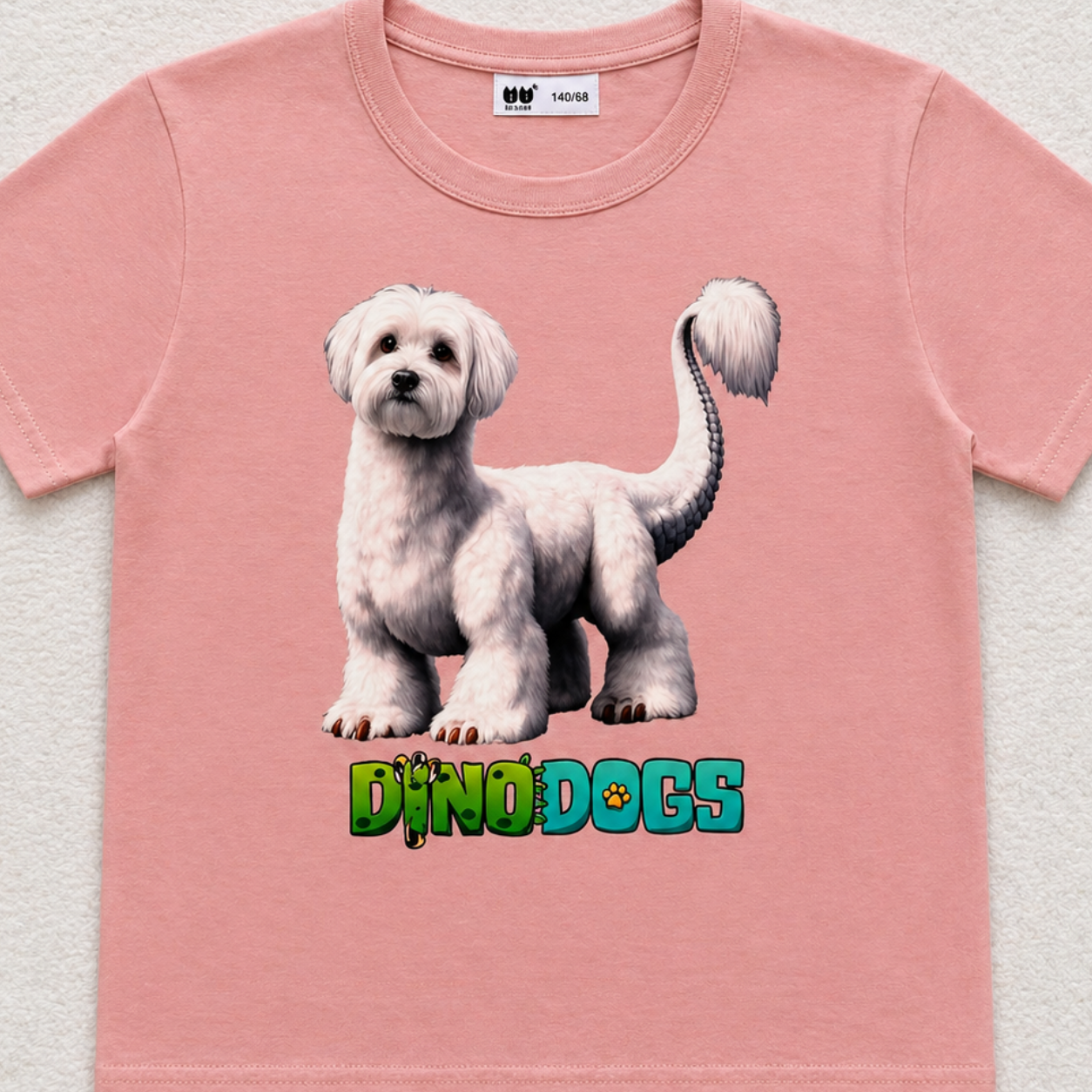 Harley the DinoDog looks sweetly at the camera as she stands on a pink t-shirt above the "DinoDogs" logo. 