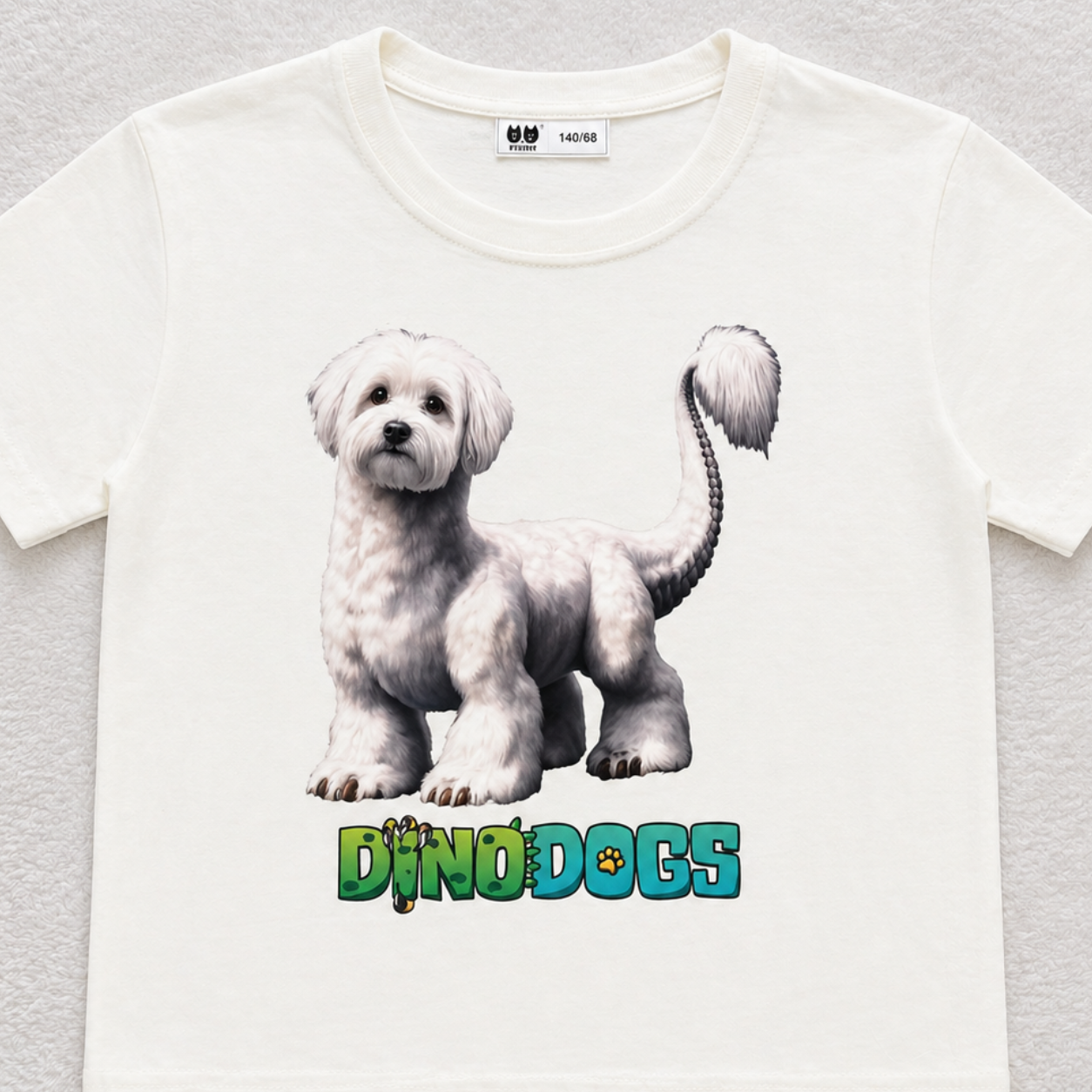 The Brontosaurus and Maltese DinoDog, Harley, is shown on white t-shirt above the green and blue "DinoDogs" logo. 