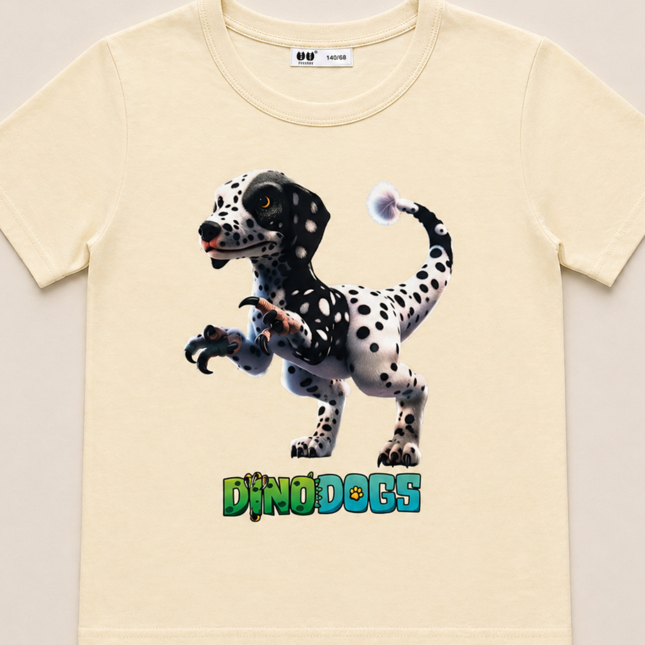 Kai, the dalmation velociraptor DinoDog on a beige t-shirt. The green ad blue "DinoDogs" logo is under him. 