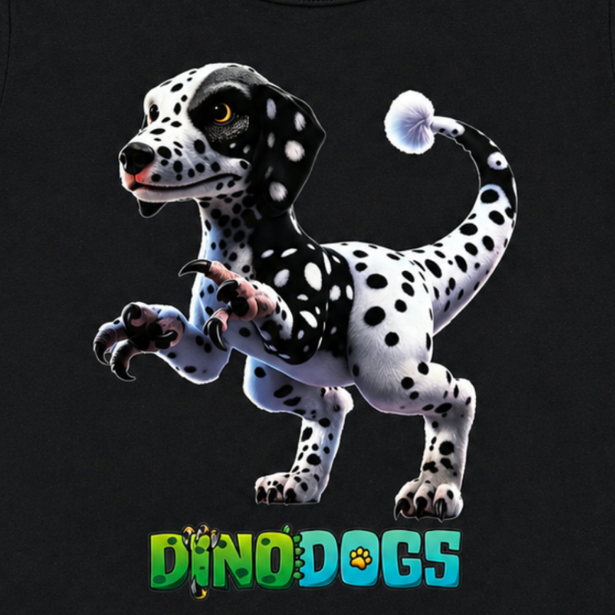 Kai the DinoDog is black and white and standing above the "DinoDogs" logo on a black T-shirt