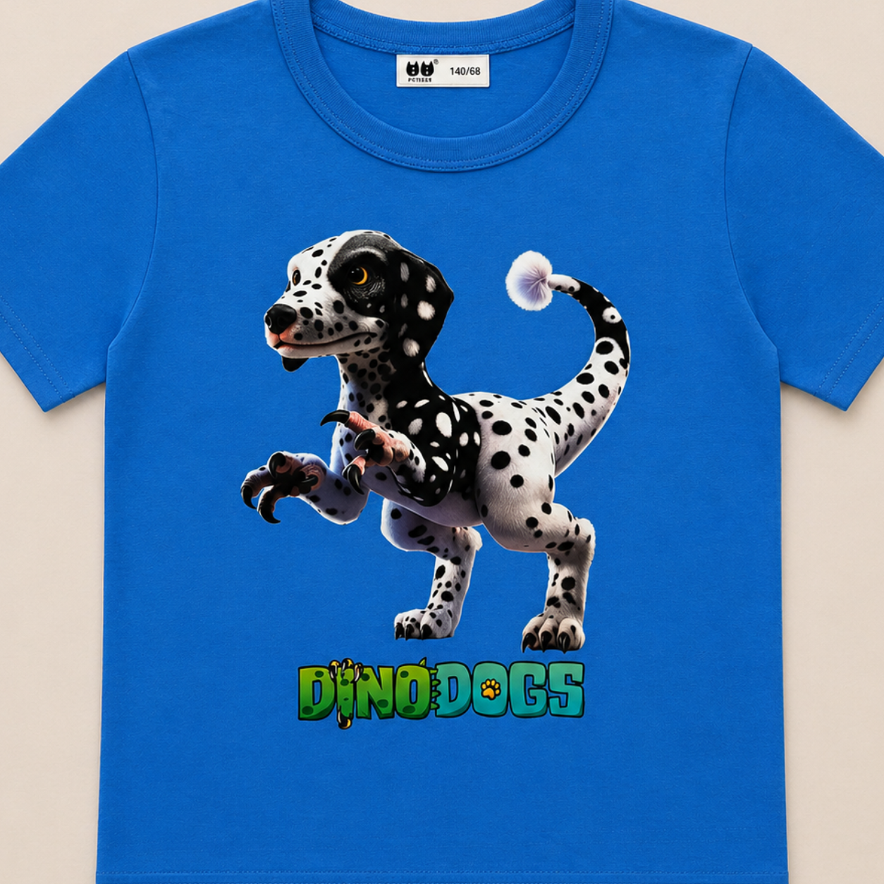 Kai, the velociraptor and dalmation hybrid DinoDog looks cute on  blue t-shirt. The "DinoDogs" logo is below him. 