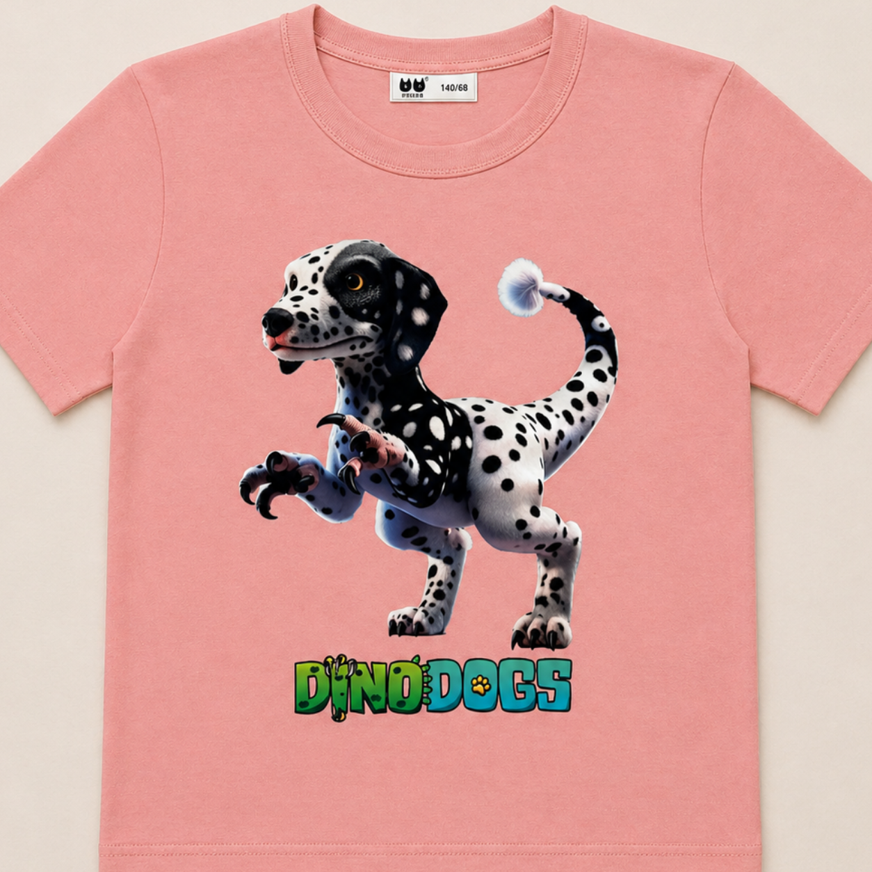 Kai, the dalmation velociraptor DinoDog is on a pink -shirt with the "DinoDogs" logo under him. The background is white. 