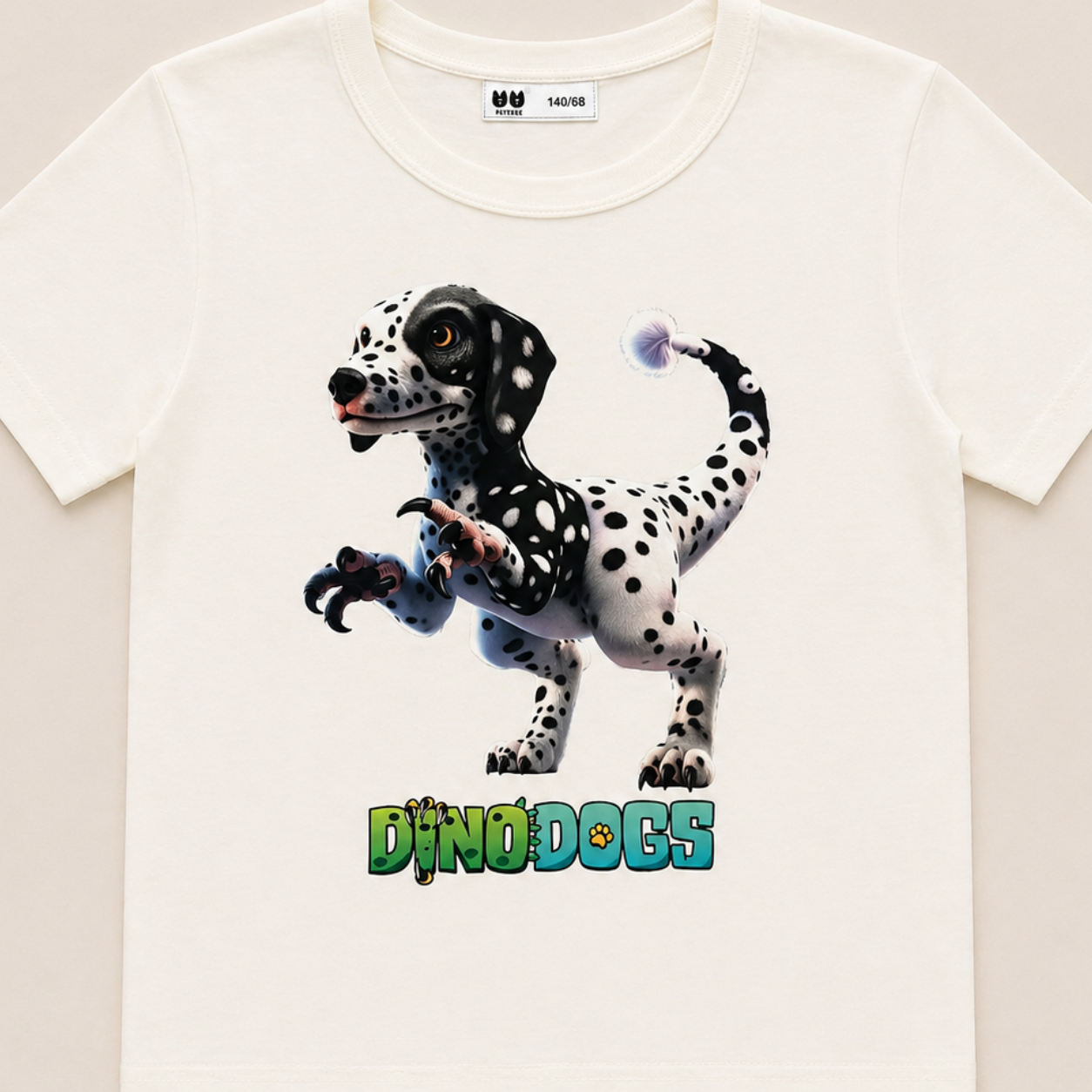 Kai, the dalmation velociraptor DinoDog stands fierce on a white t-shirt above the "DinoDogs" logo