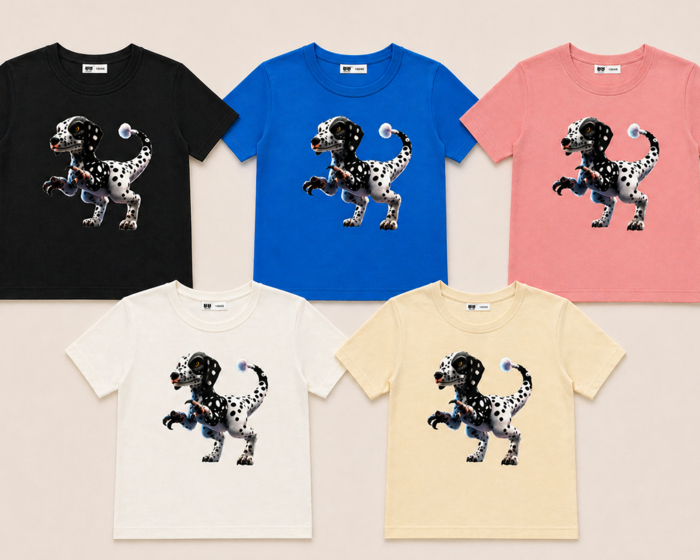 Collection of t-shirts with Kai the dalmatian velociraptor hybrid DinoDog design on a beige background. 