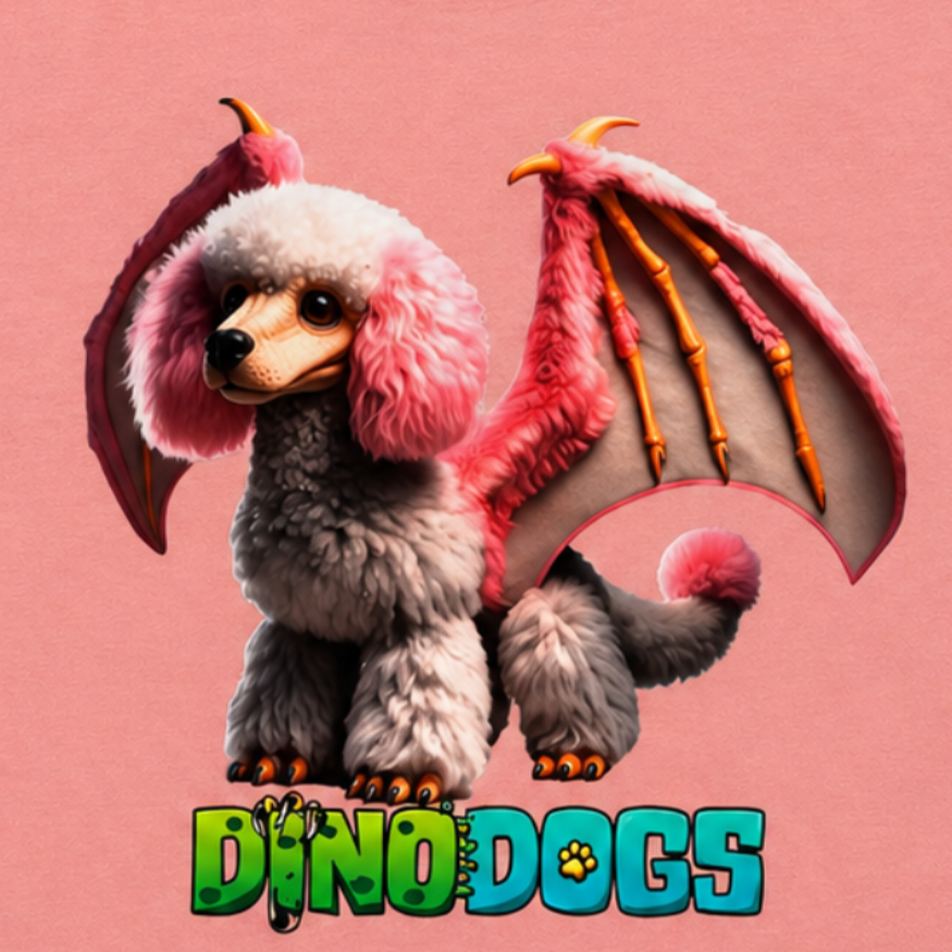 Pink t-shirt with a cartoon DinoDog named Piper, a Poodle and Pterodactyl mix, and "DinoDogs" logo.