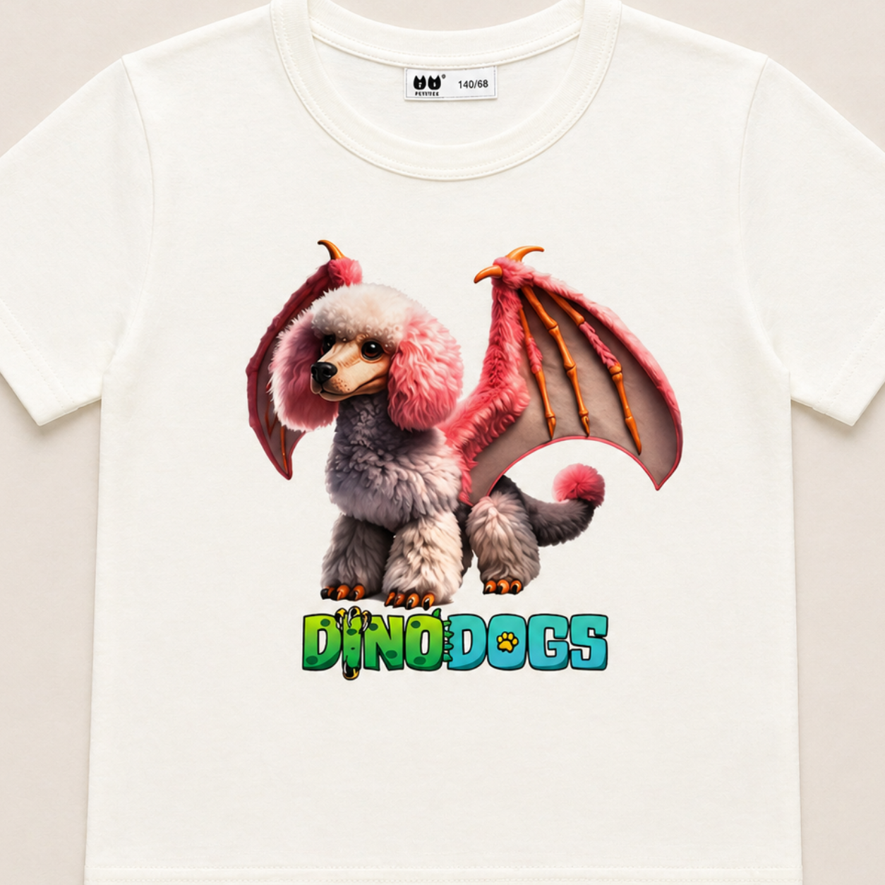 White t-shirt with a Piper the DinoDog and the "DinoDogs" logo under her in green and blue letters. 