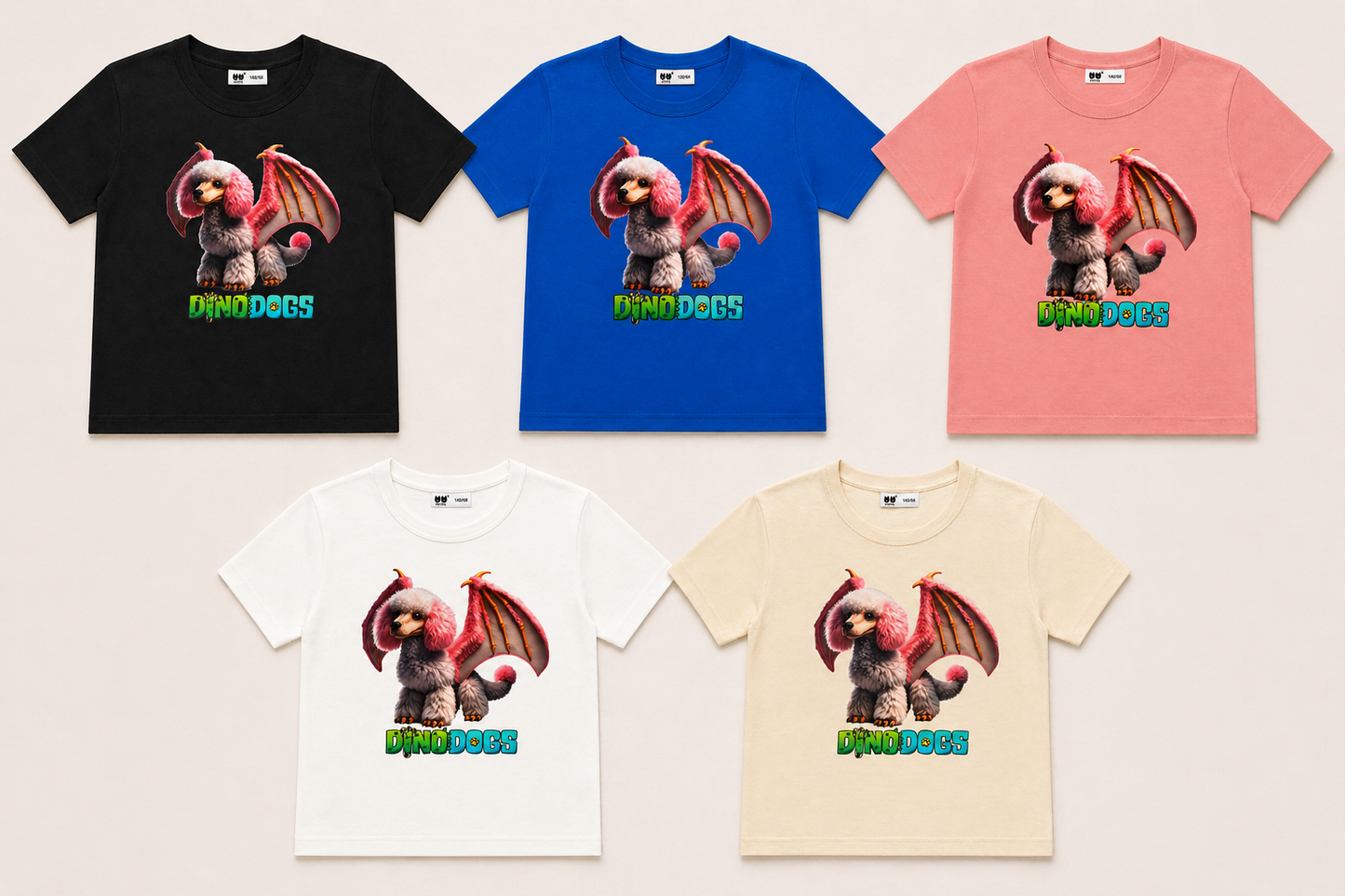 Five t-shirts in black, blue, pink, white, and beige with the DinoDogs on them and "Dino Dogs" logo on a light gray background.