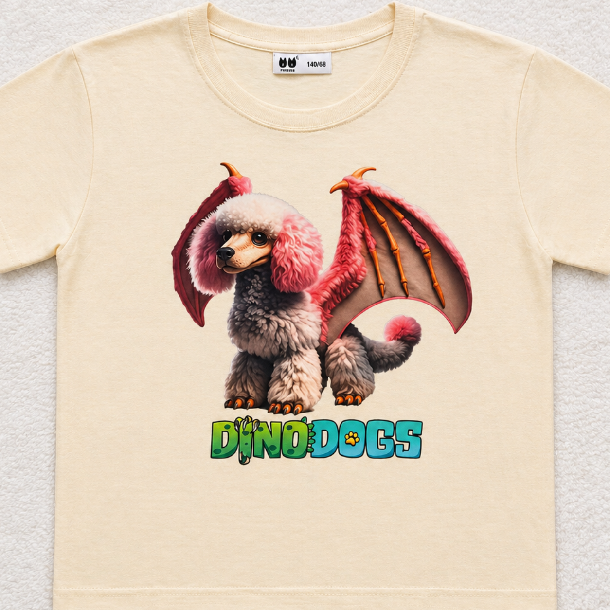 Beige t-shirt with Piper the DinoDog and underneath is the "DinoDogs" logo in green and blue. The background is white. 