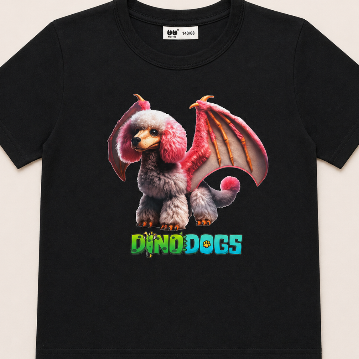 Black t-shirt with Piper the DinoDog and "DinoDogs" logo underneath on a beige background